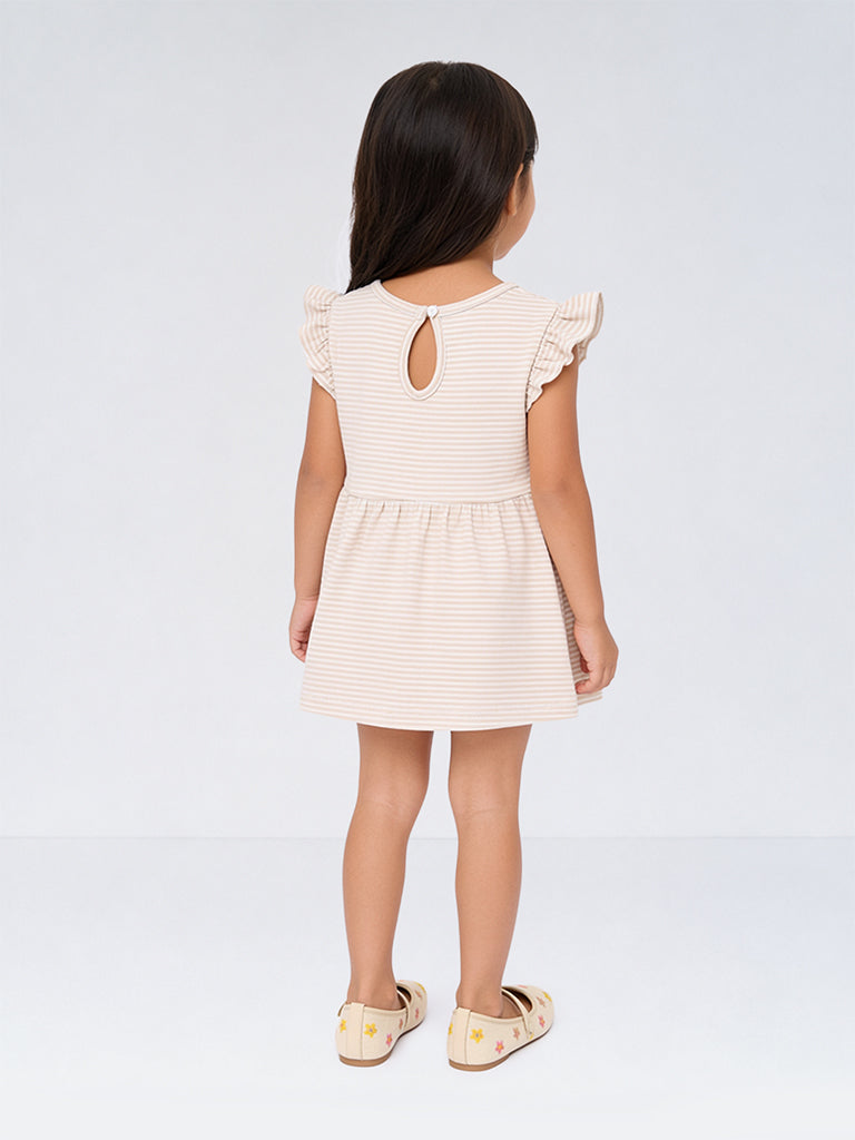 HOP Kids Girls Beige Striped Sling-Bag Design Cotton A-Line Dress