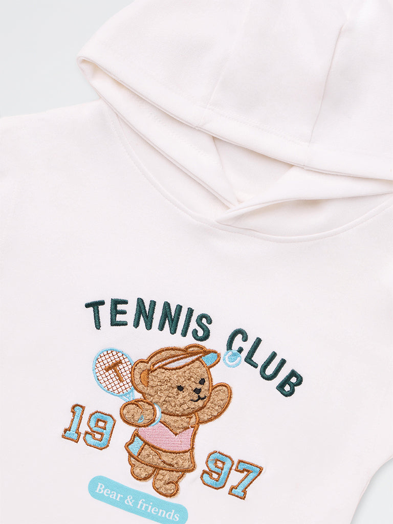 HOP Kids Girls Off-White Teddy Bear Embroidered Hoodie