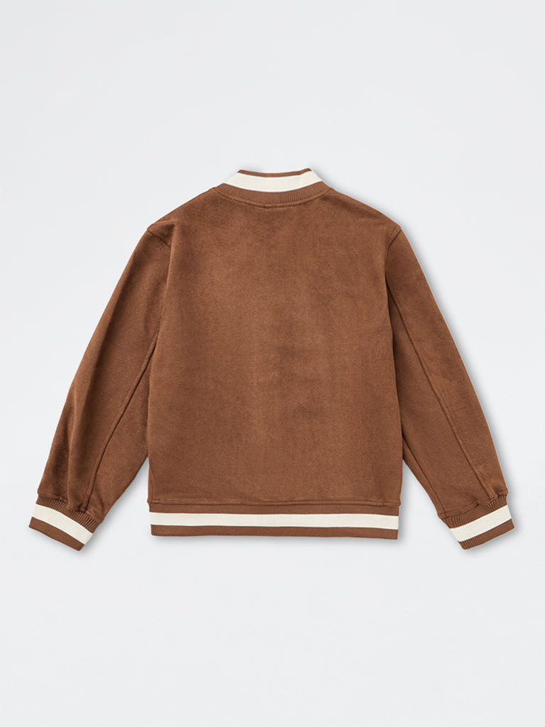 Boys Beige Text Design Varsity Jacket