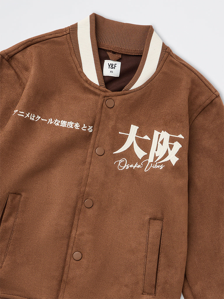 Boys Brown Japanese Embroidered Suede Varsity Jacket