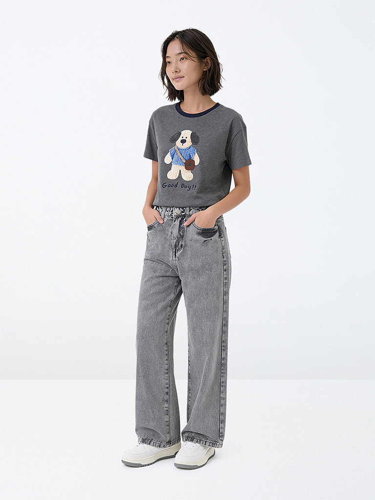 Y&F Kids Girls Grey Washed Star Detail High-Rise Jeans