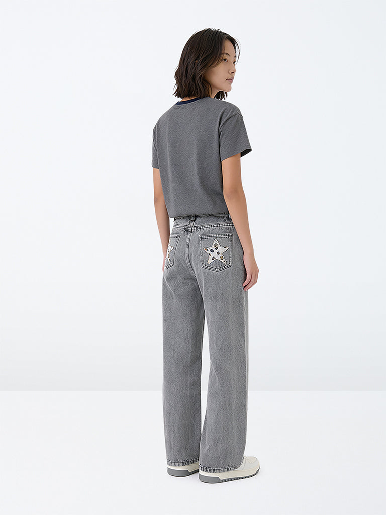 Y&F Kids Girls Grey Washed Star Detail High-Rise Jeans