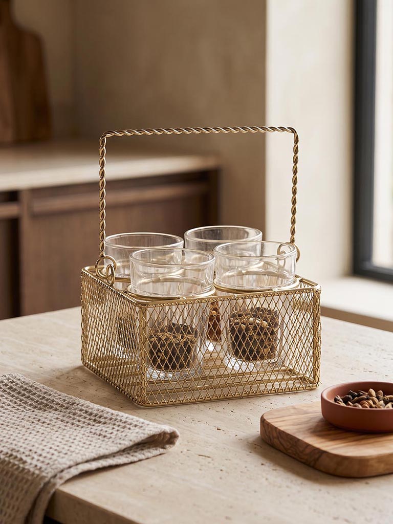 Westside Home Gold Wired Chai Caddy with Glasses - Set of 4