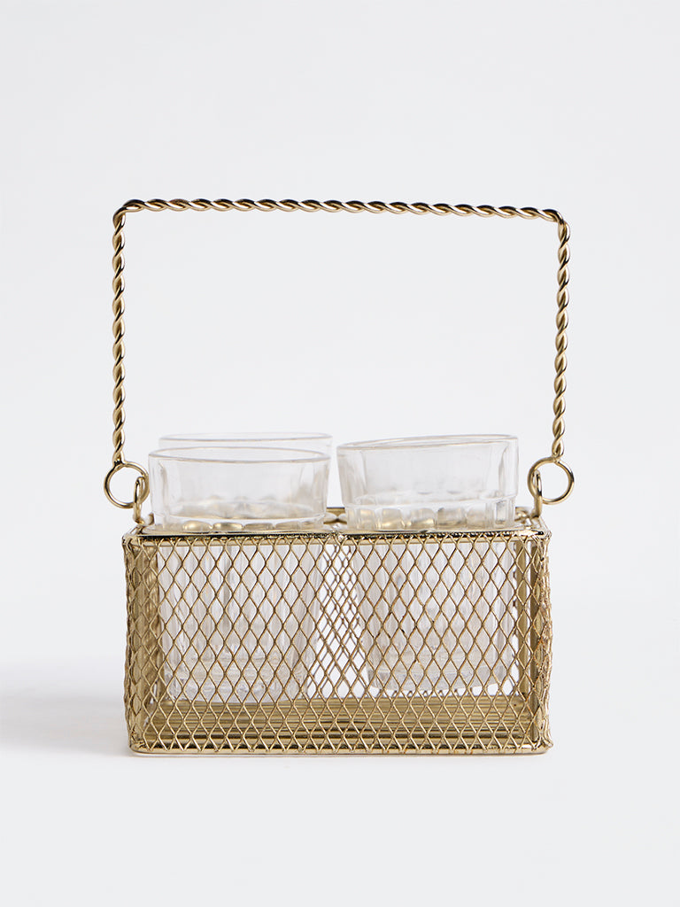 Westside Home Gold Wired Chai Caddy with Glasses - Set of 4