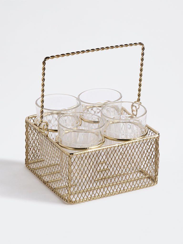 Westside Home Gold Wired Chai Caddy with Glasses - Set of 4