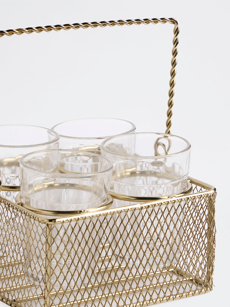 Westside Home Gold Wired Chai Caddy with Glasses - Set of 4