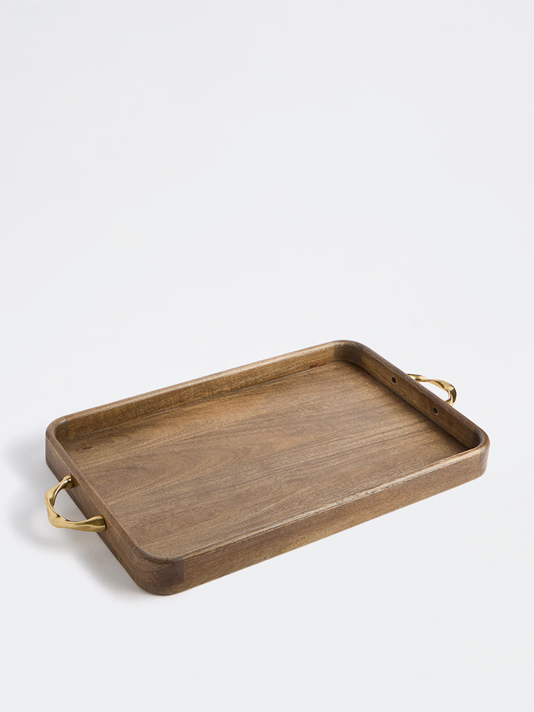 Westside Home Brown Wooden Rectangular Tray with Twisted Metal Handles