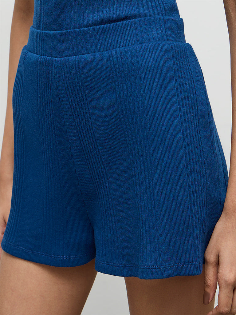 Superstar Navy Ribbed High-Rise Cotton-Blend Shorts