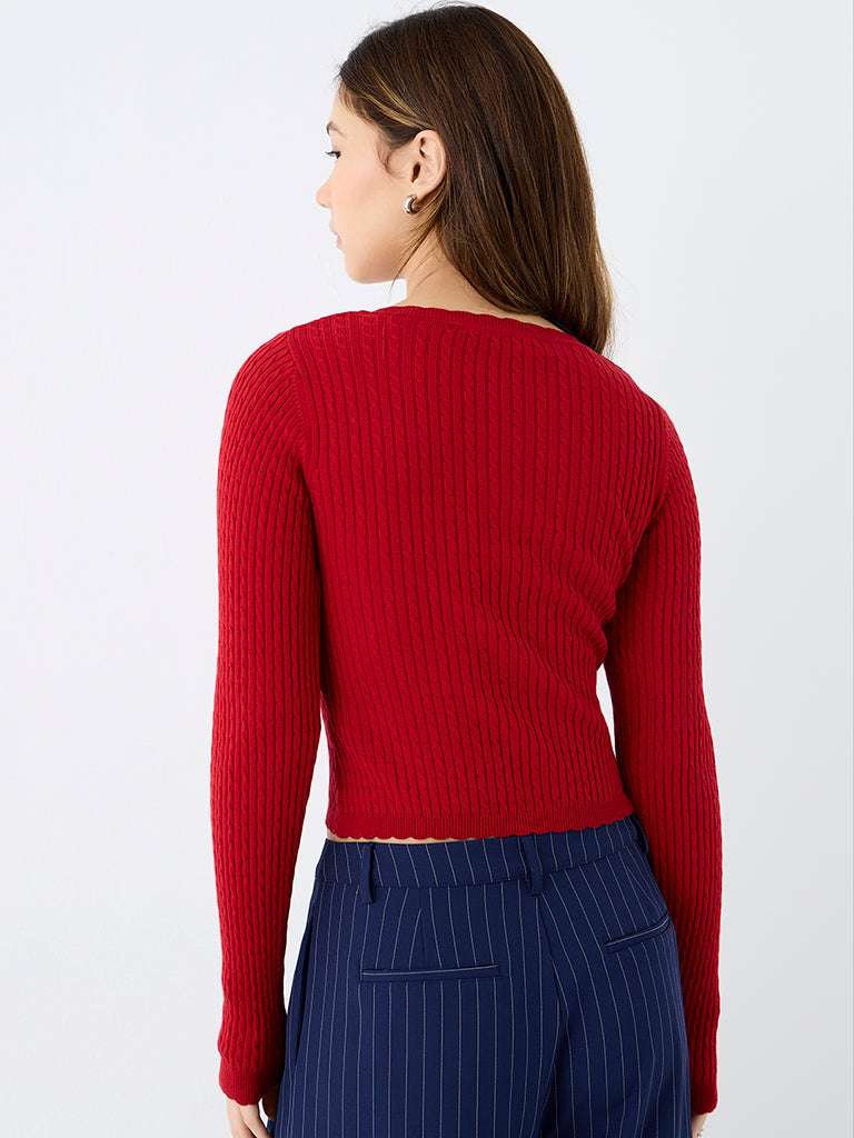 Nuon Red Cable-Knit Cotton Cardigan