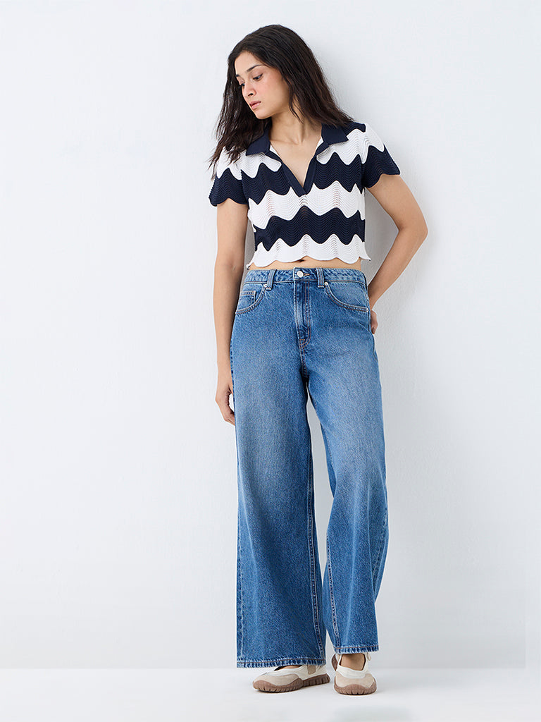 Nuon Navy Wavy Pattern Knitted T-Shirt