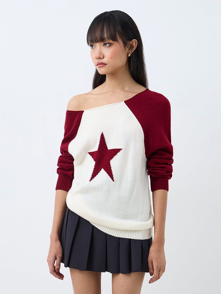 Nuon Burgundy Colour-Blocked One-Shoulder Sweater