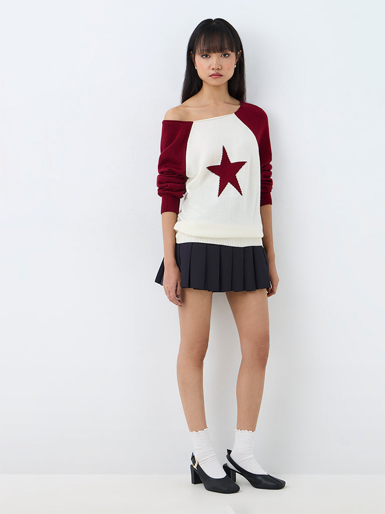 Nuon Burgundy Colour-Blocked One-Shoulder Sweater
