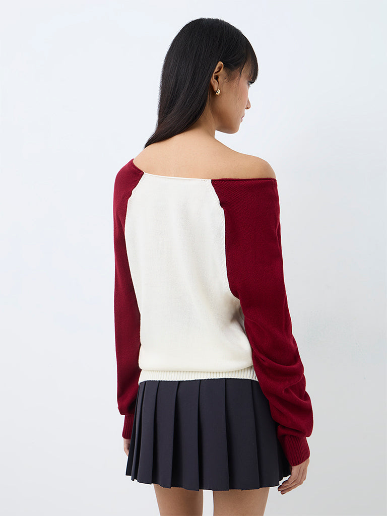 Nuon Burgundy Colour-Blocked One-Shoulder Sweater