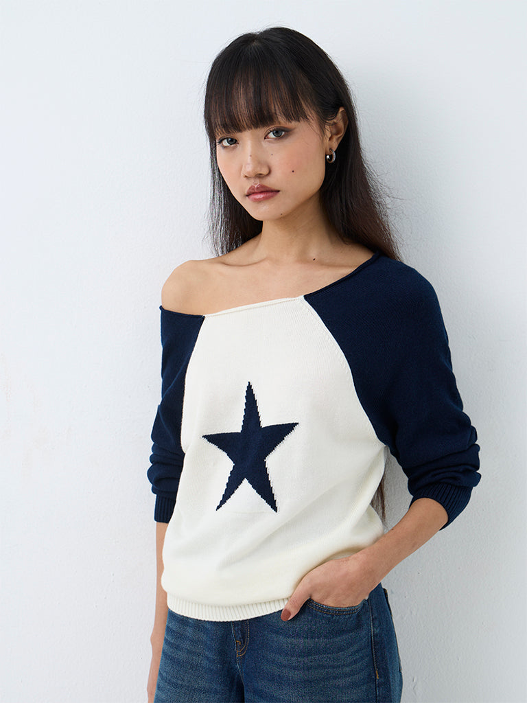 Nuon Navy Colour-Blocked One-Shoulder Sweater