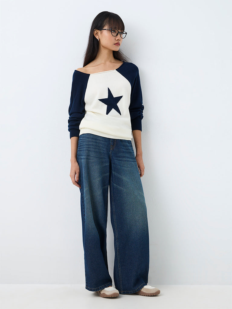 Nuon Navy Colour-Blocked One-Shoulder Sweater