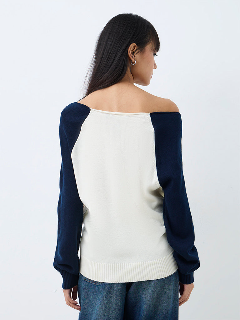 Nuon Navy Colour-Blocked One-Shoulder Sweater