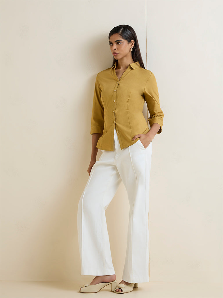 Wardrobe Mustard Solid Cotton-Blend Shirt