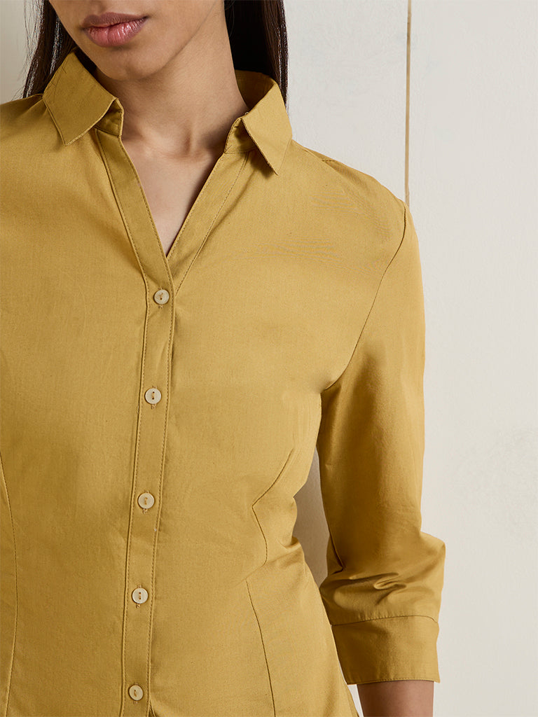 Wardrobe Mustard Solid Cotton-Blend Shirt