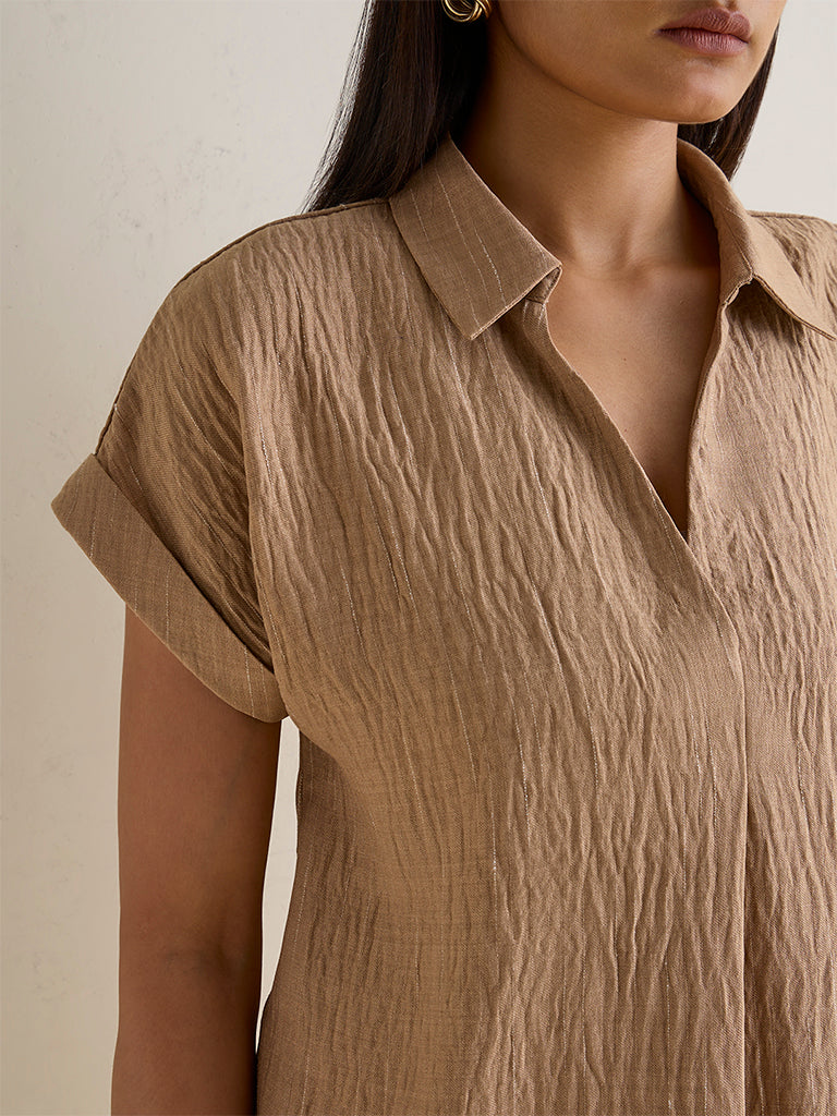 Wardrobe Beige Crinkled Cotton-Blend Blouse