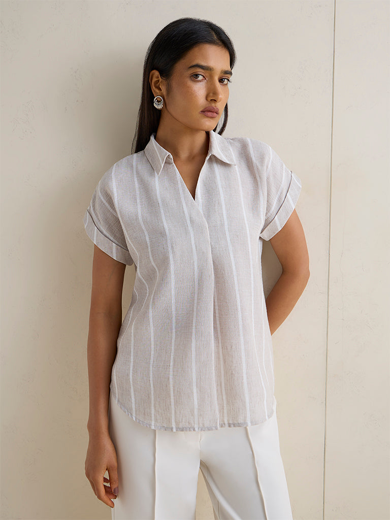 Wardrobe Light Taupe Striped Cotton-Blend Blouse