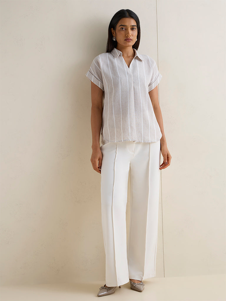 Wardrobe Light Taupe Striped Cotton-Blend Blouse
