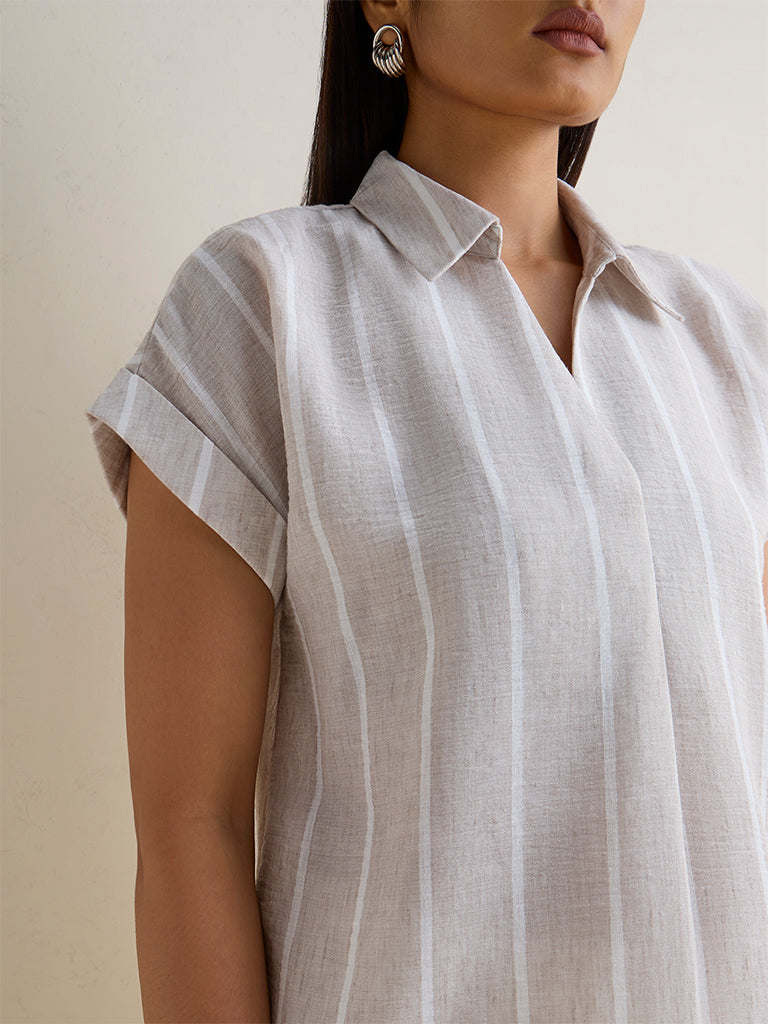 Wardrobe Light Taupe Striped Cotton-Blend Blouse