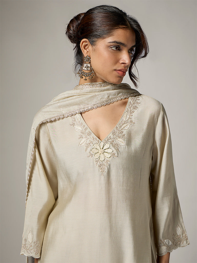 Vark Ivory Floral Embellished A-Line Ethnic Set