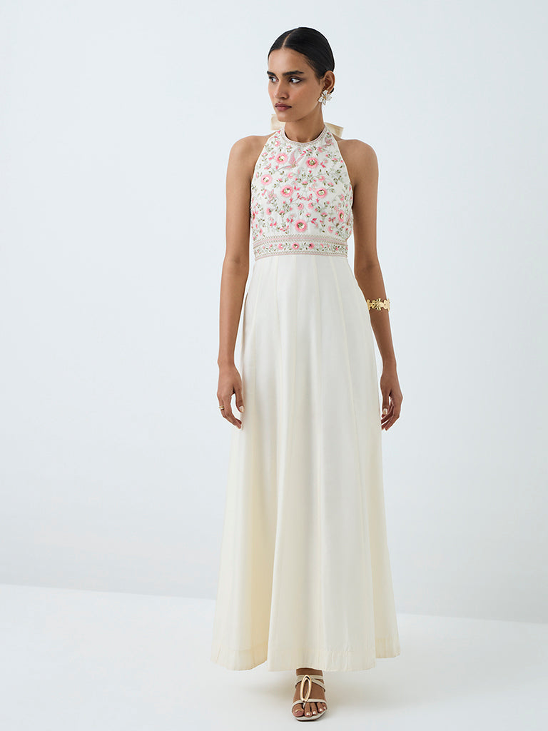 Vark Off-White Floral Embroidered A-Line Maxi Cotton Dress