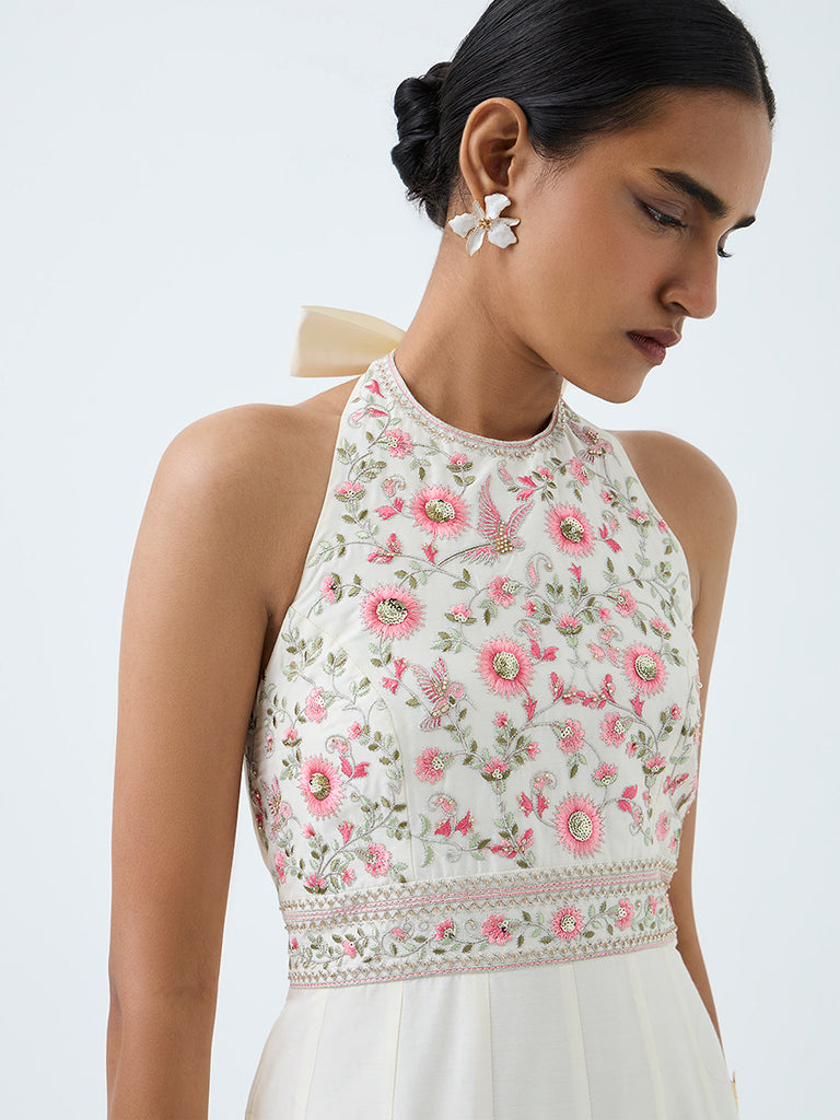 Vark Off-White Floral Embroidered A-Line Maxi Cotton Dress