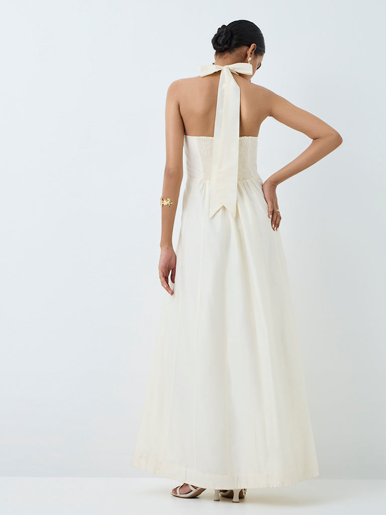 Vark Off-White Floral Embroidered A-Line Maxi Cotton Dress