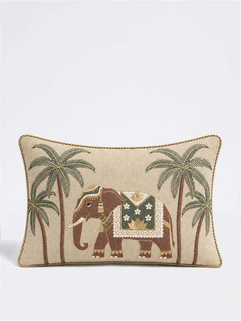 Westside Home Beige Heritage Elephant Embroidered Cushion Cover