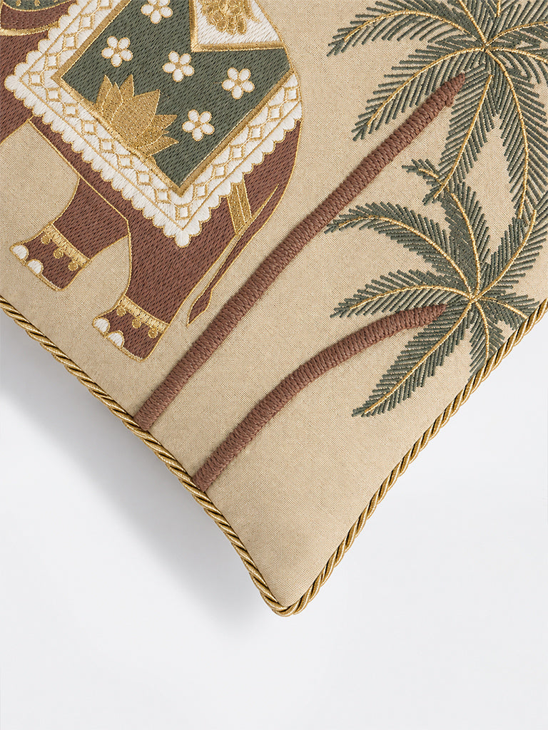 Westside Home Beige Heritage Elephant Embroidered Cushion Cover