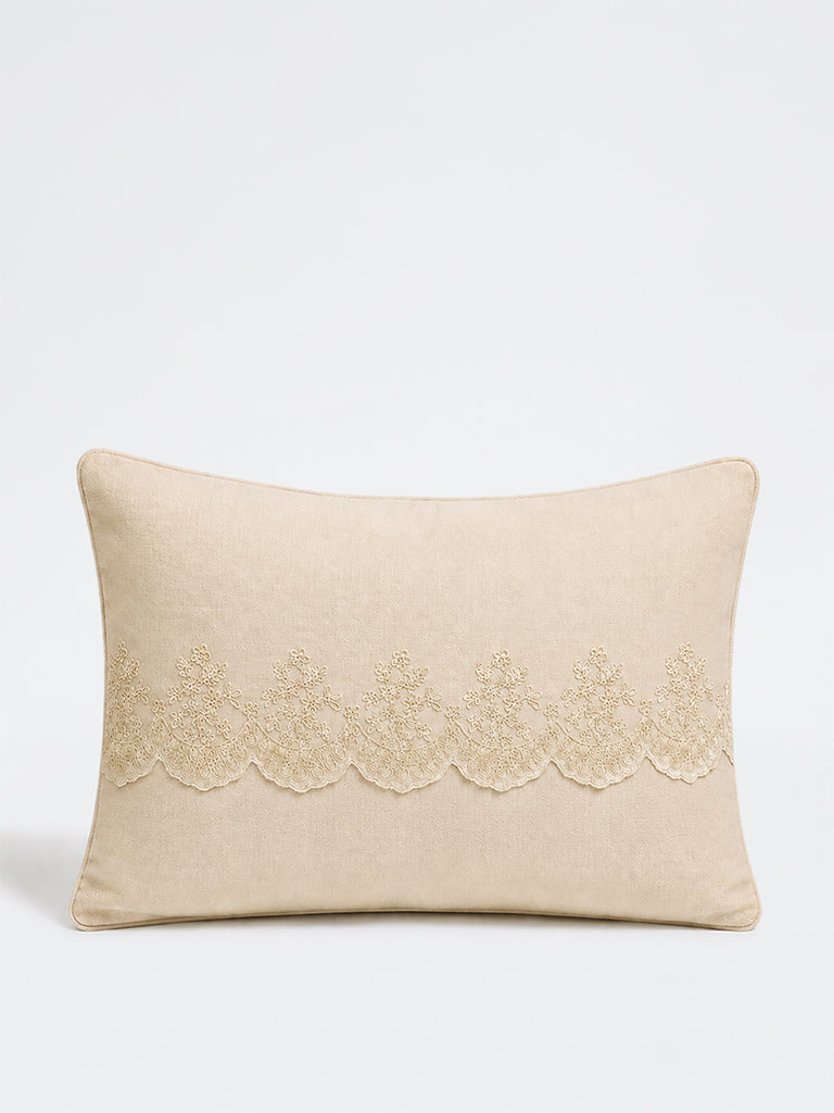 Westside Home Beige Floral Embroidered Scalloped Cushion Cover