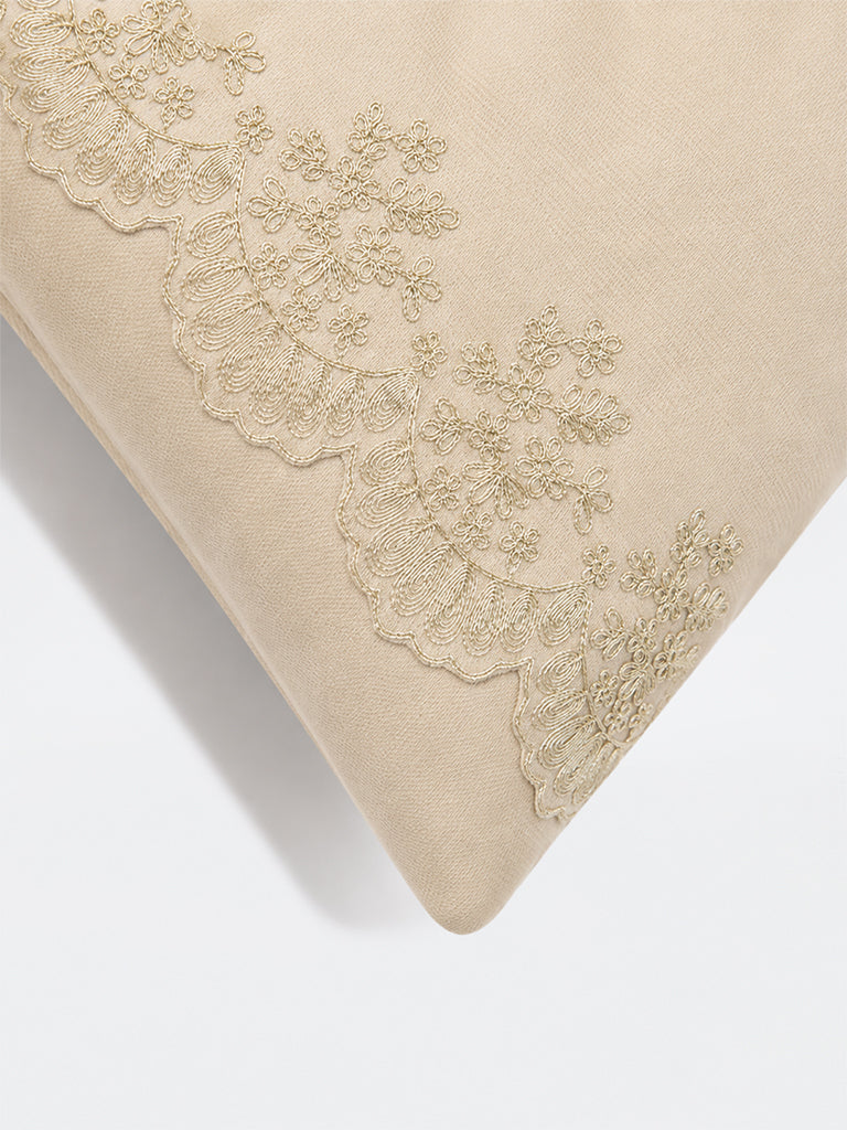 Westside Home Beige Floral Embroidered Scalloped Cushion Cover