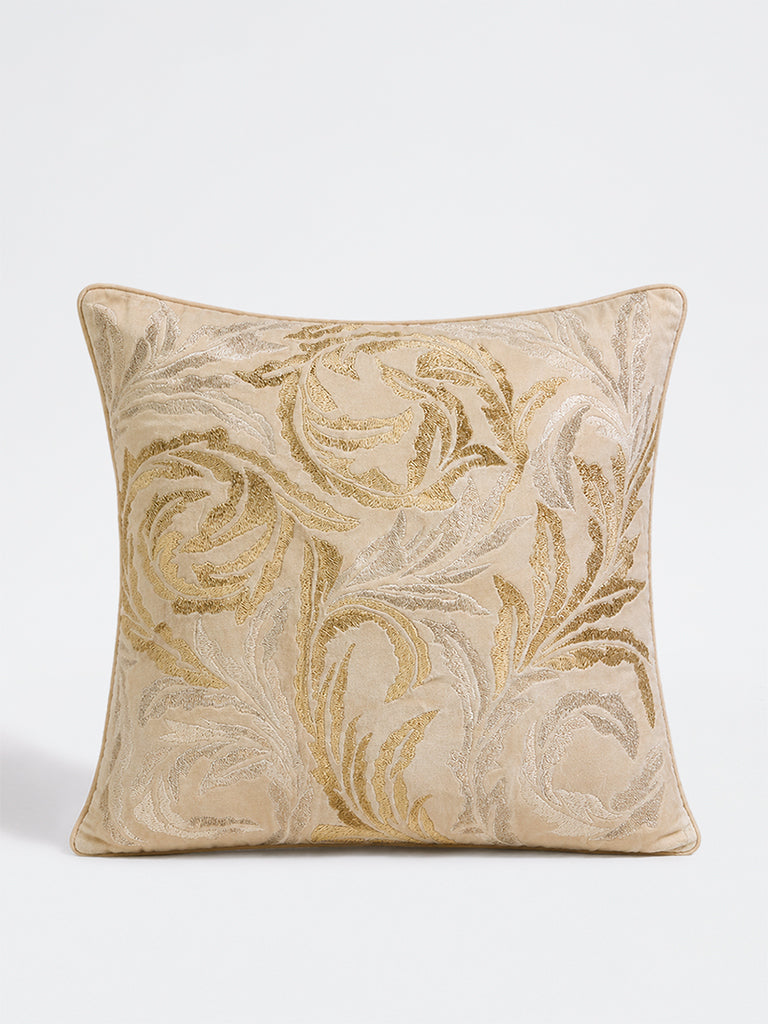 Westside Home Beige Metallic Botanical Embroidered Cushion Cover