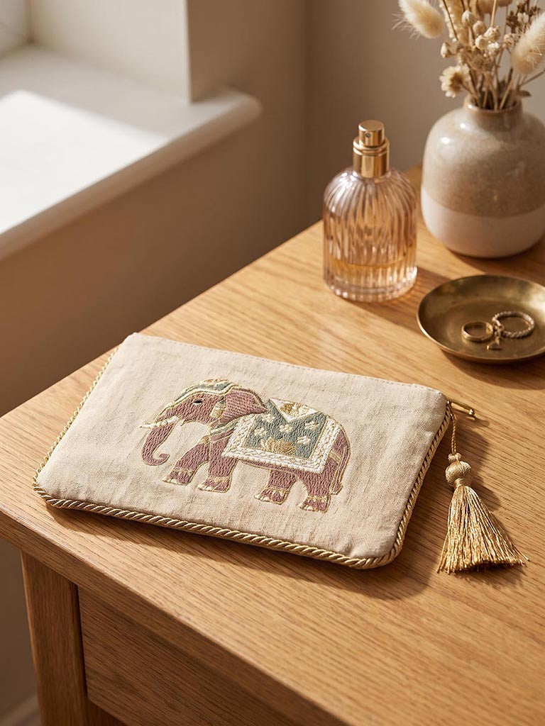 Westside Home Beige Heritage Elephant Embroidered Pouch