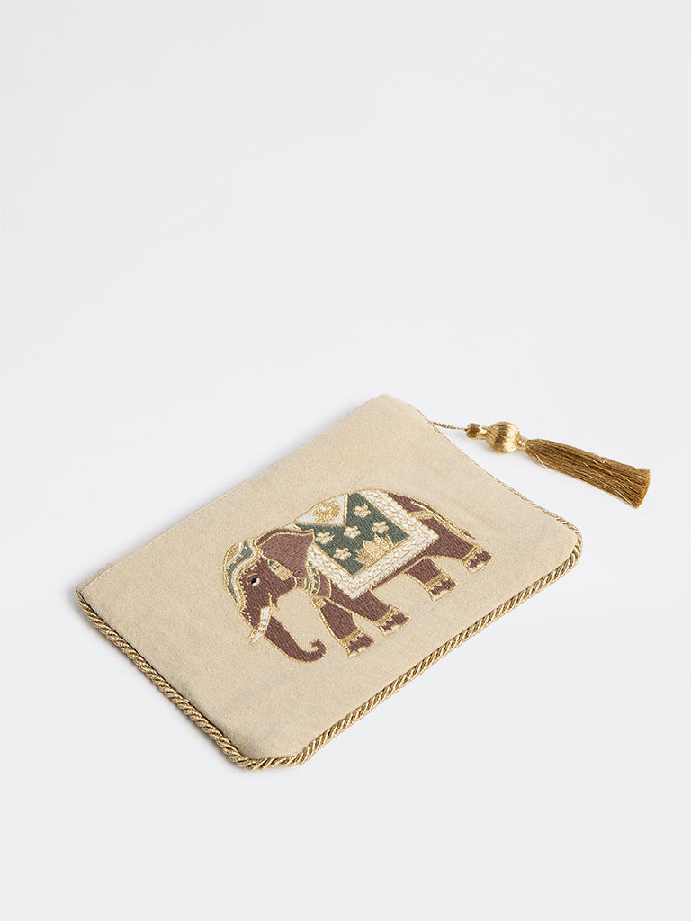 Westside Home Beige Heritage Elephant Embroidered Pouch