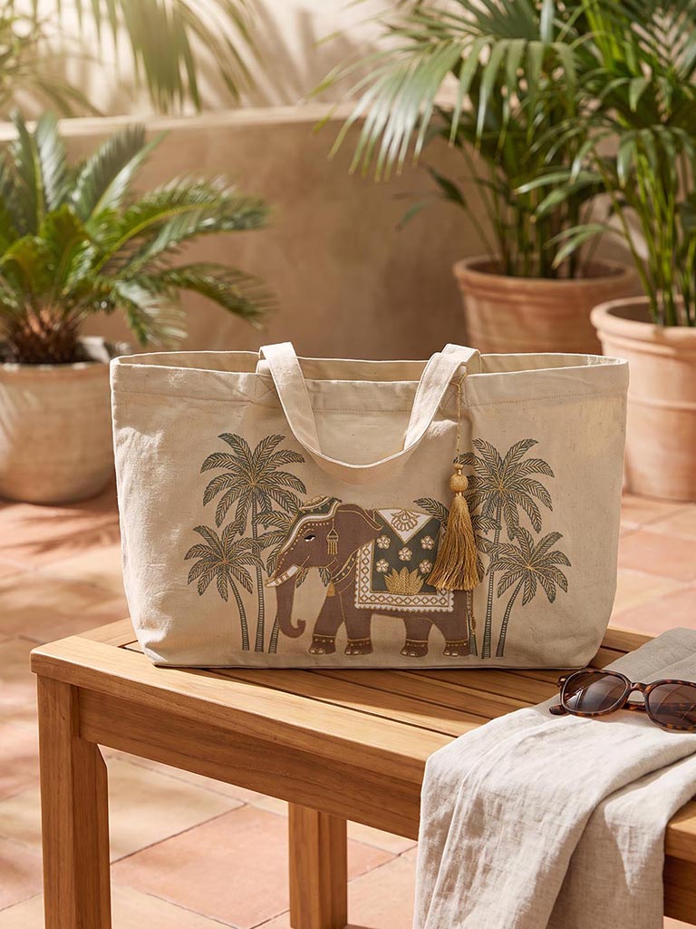 Westside Home Beige Heritage Elephant Design Tote Bag