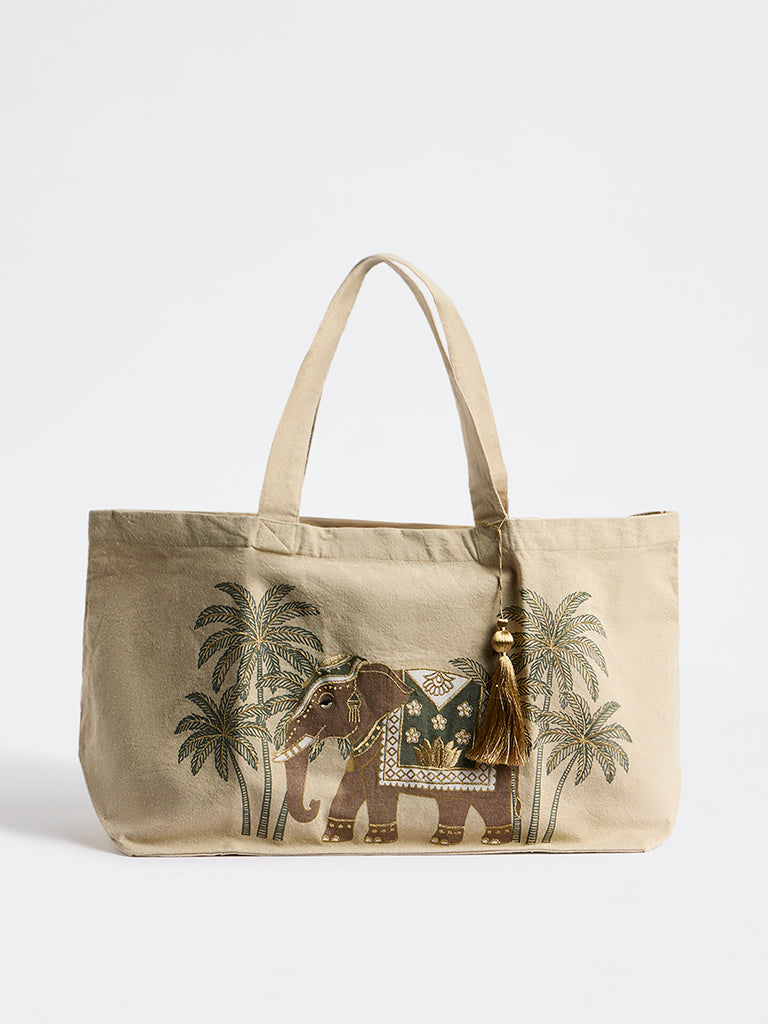 Westside Home Beige Heritage Elephant Design Tote Bag