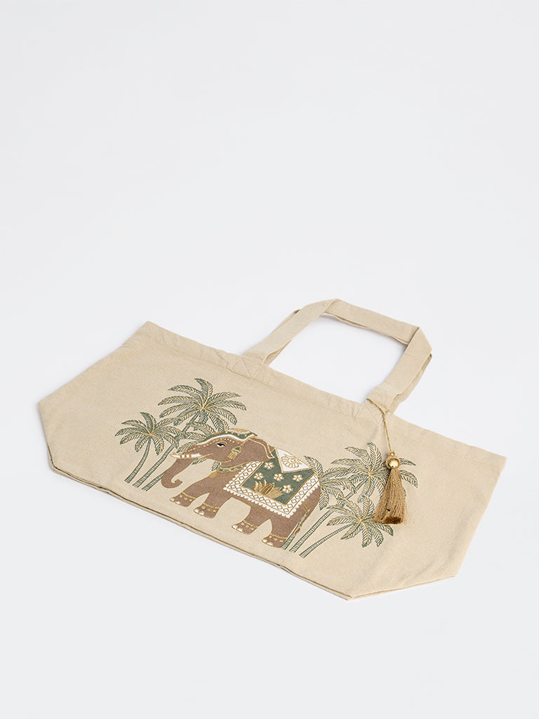 Westside Home Beige Heritage Elephant Design Tote Bag