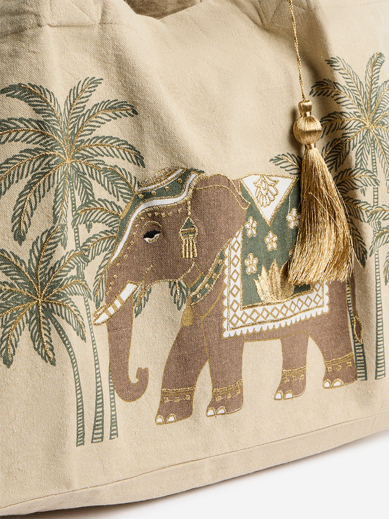 Westside Home Beige Heritage Elephant Design Tote Bag