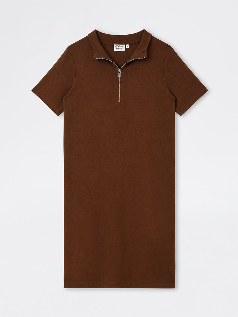 Gia Brown Ribbed-Textured Straight T-Shirt Dress