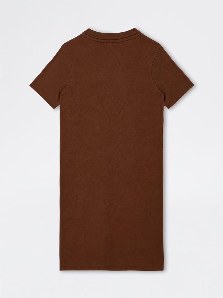 Gia Brown Ribbed-Textured Straight T-Shirt Dress