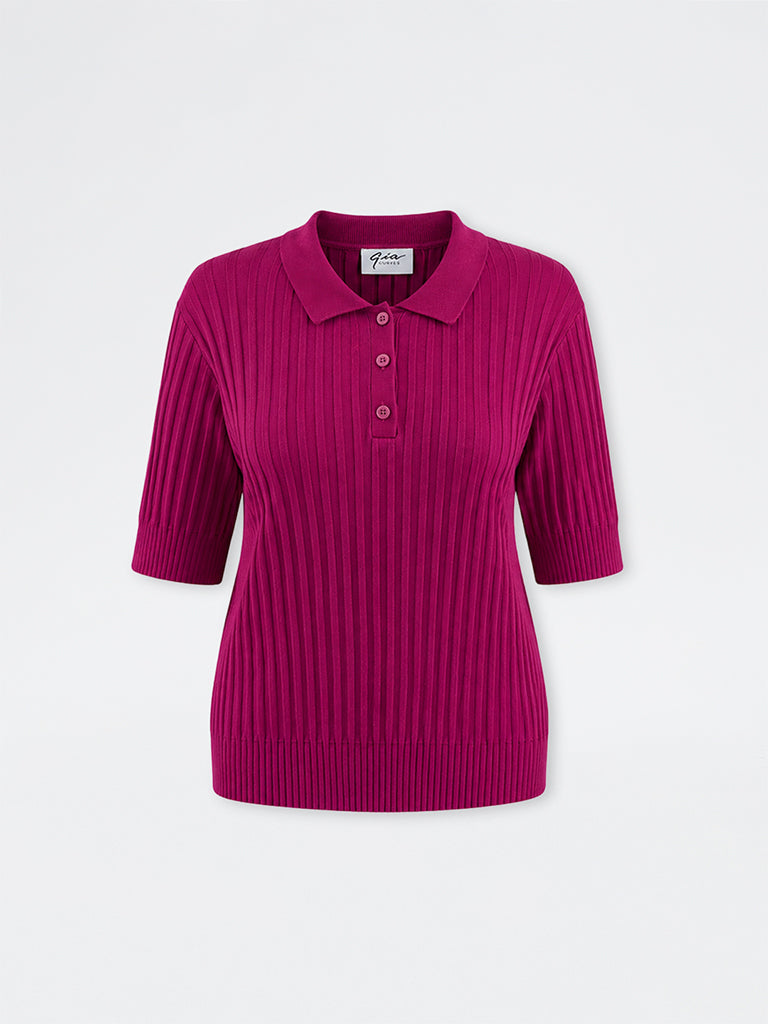 Gia Maroon Self-Striped Polo T-Shirt