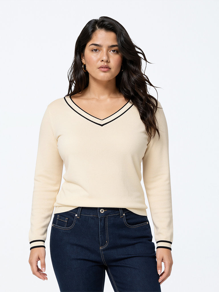 Gia Cream Contrast Detailed Sweater