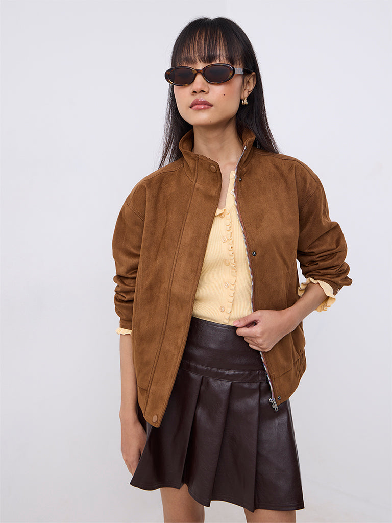Nuon Brown Solid Suede Jacket