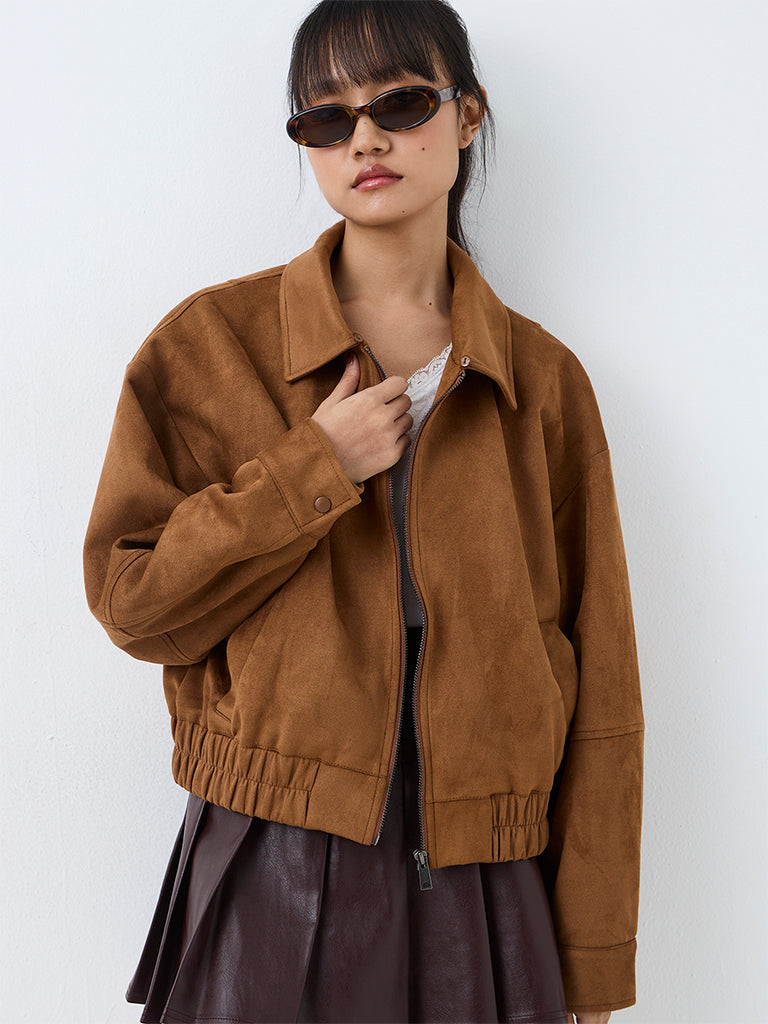 Nuon Brown Solid Suede Jacket with a Fur Collar