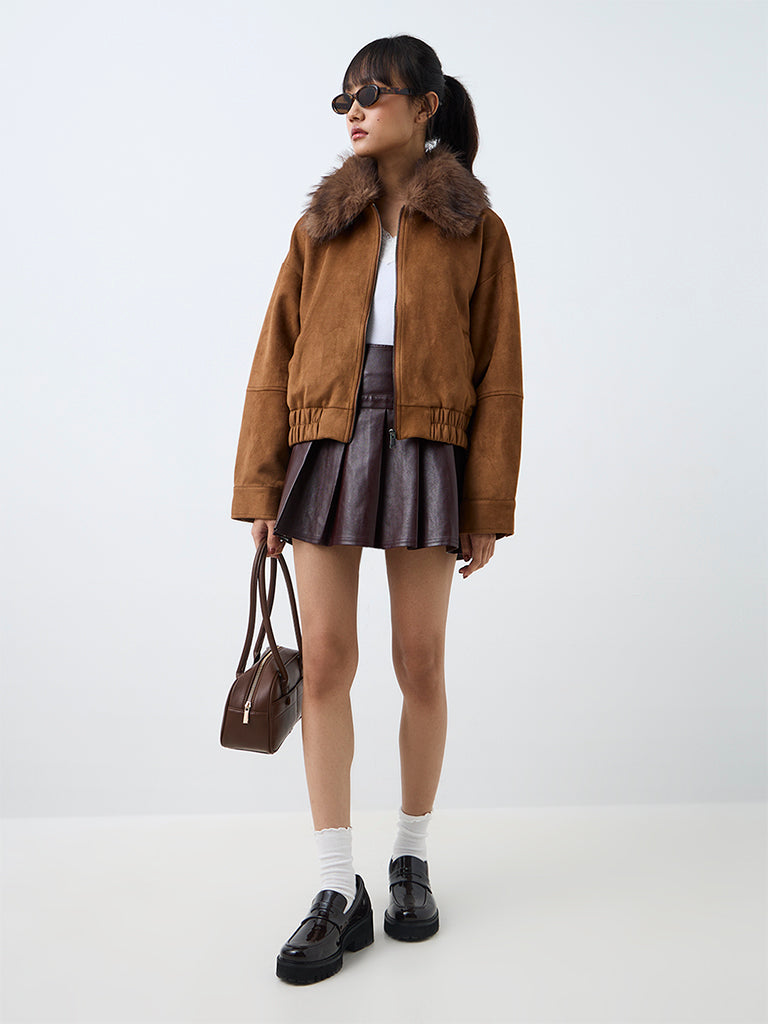 Nuon Brown Solid Suede Jacket with a Fur Collar