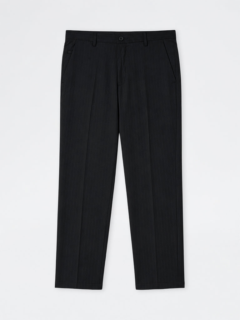 WES Formals Black Pinstripe Slim-Fit Mid-Rise Trousers