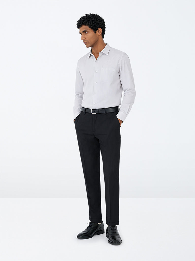 WES Formals Black Pinstripe Slim-Fit Mid-Rise Trousers